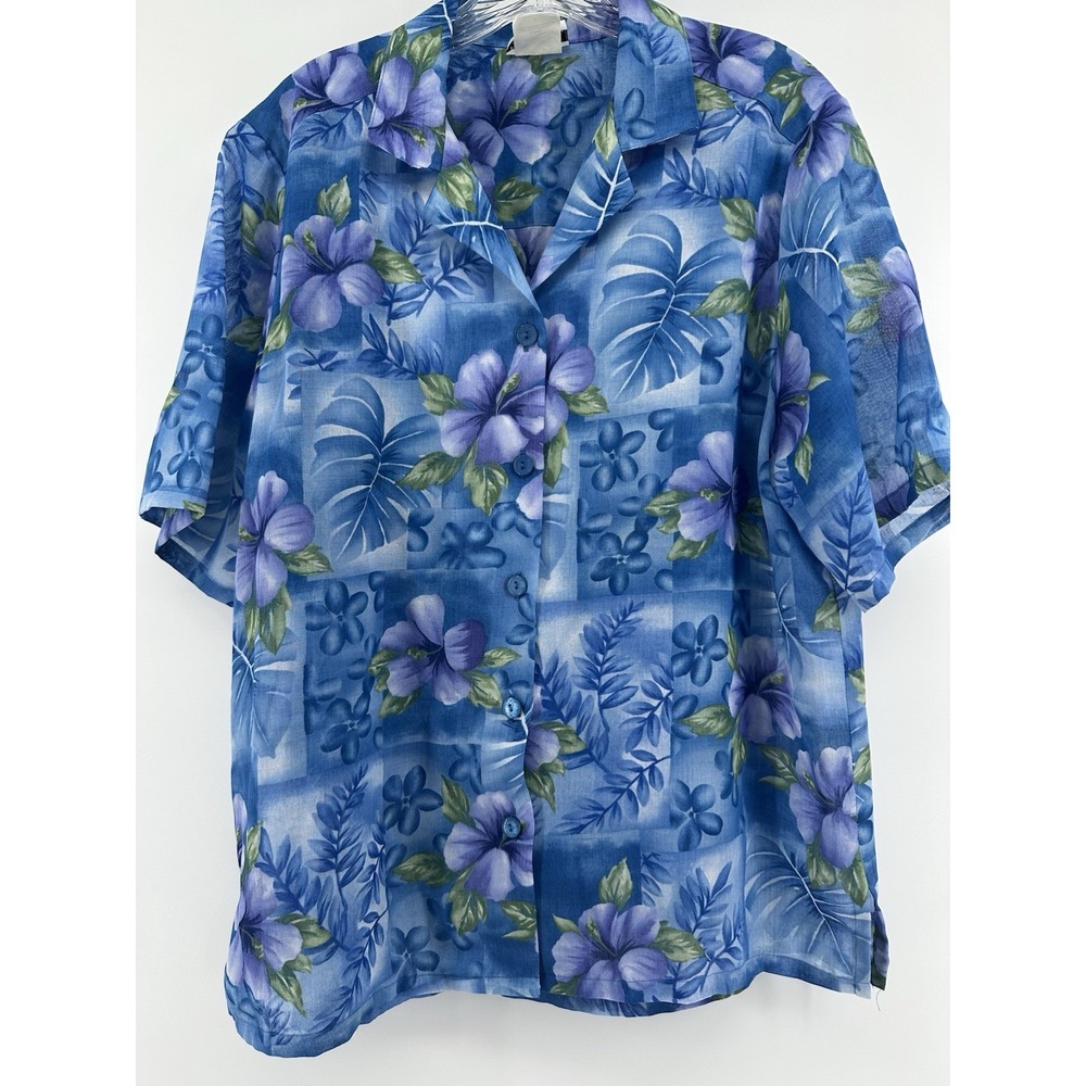 BonWorth Blue Floral Hawaiian Button-Up Blouse